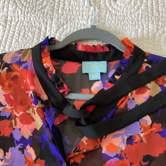 CeCe By Cynthia Steffe Floral Top Blouse Size L Multicolor With Tie Neck - Picture 9 of 11